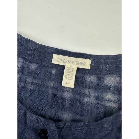 Eileen Fisher Linen Windowpane Gauze Dress Button Navy Short Sleeve Sheer Small - Picture 8 of 11